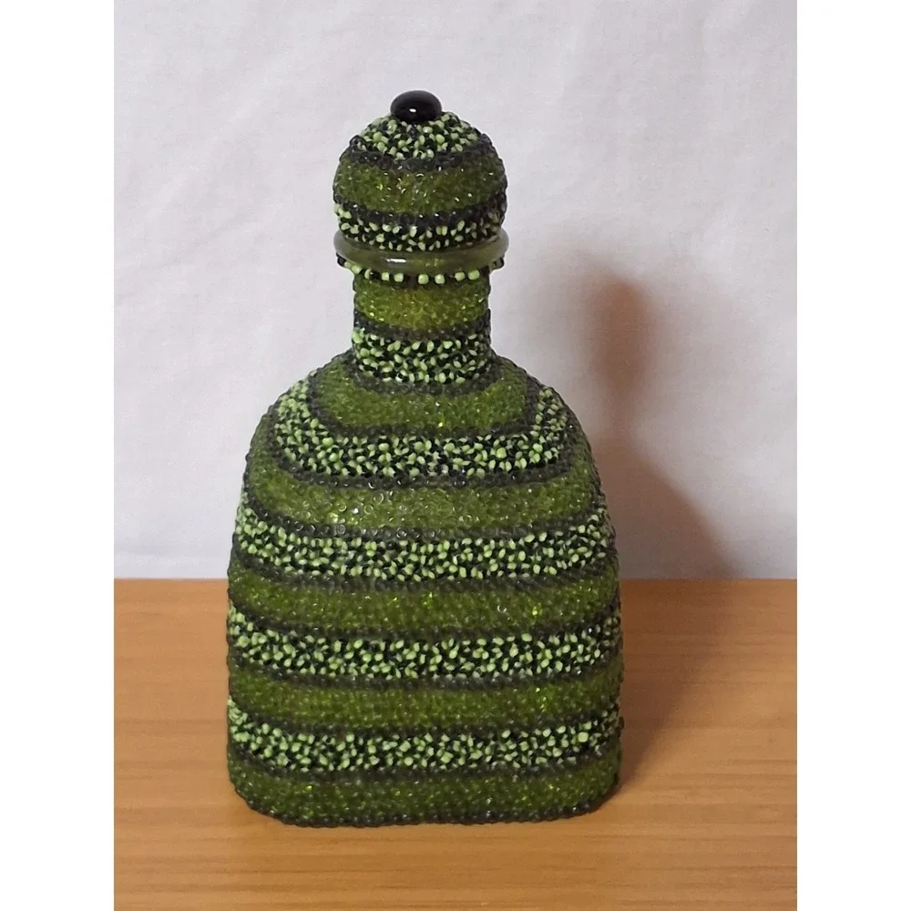 Custom Upcycled Beaded Patron Tequlila Bottle Decanter Green Boho Decor Art